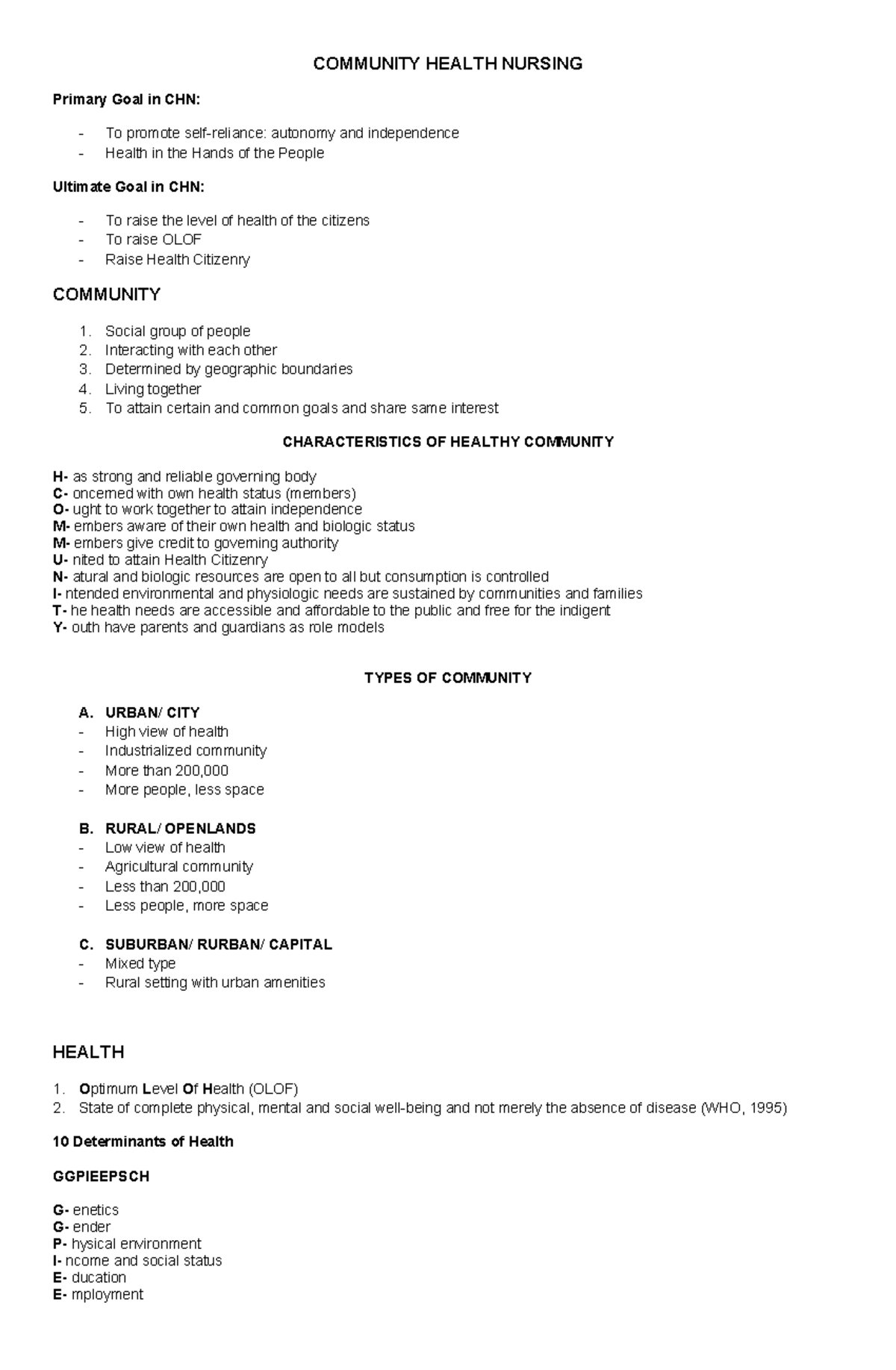 Overall-CHN- Handout - Hi please see this - COMMUNITY HEALTH NURSING ...