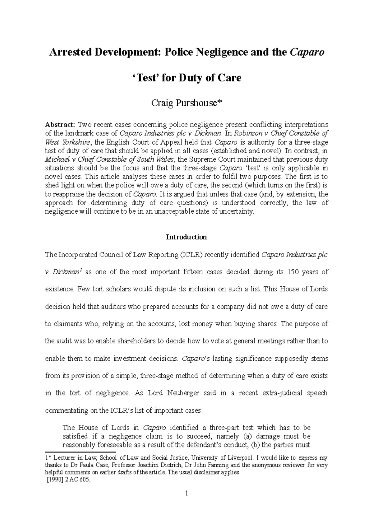 Purshouse Arrested Development Police Negligence and the Caparo