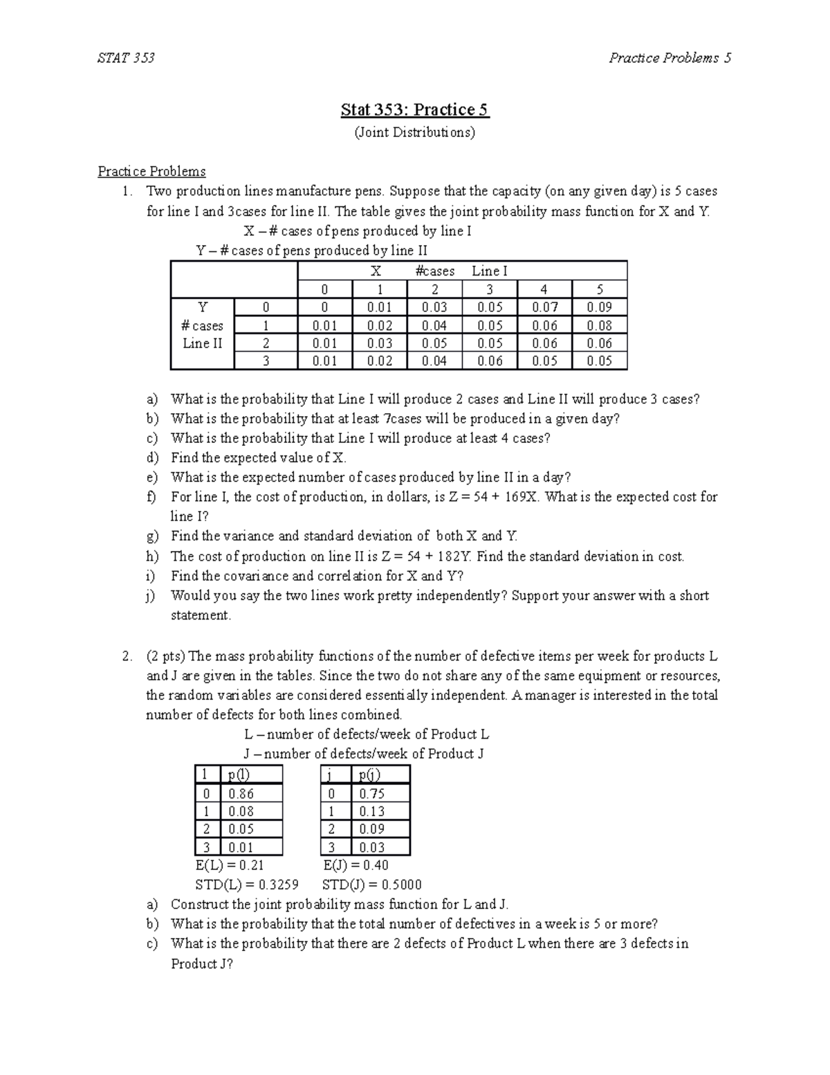 Practice 5 (Joint RV), 353 - STAT 353Practice Problems 5 Stat 353 ...