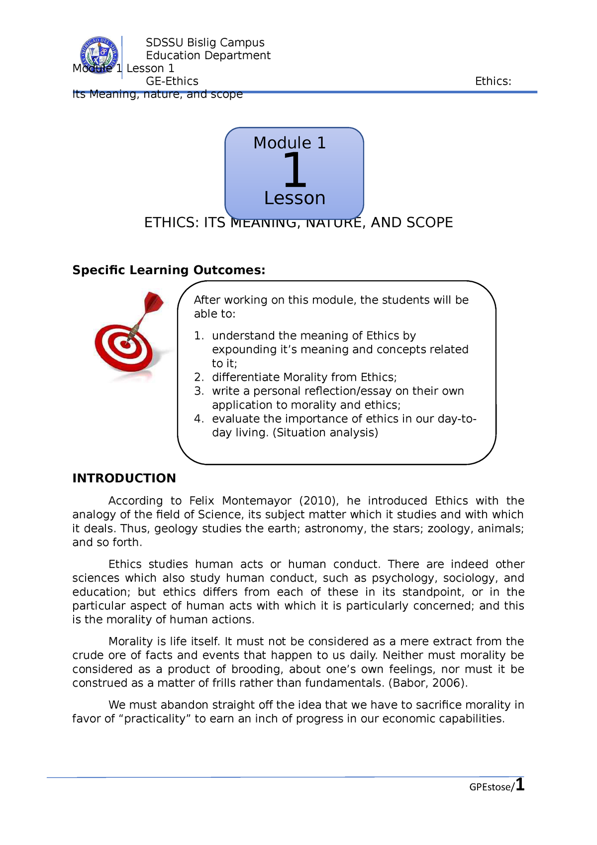 Module 1- Ethics Lesson 1 - Education Department Module 1 Lesson 1 GE ...