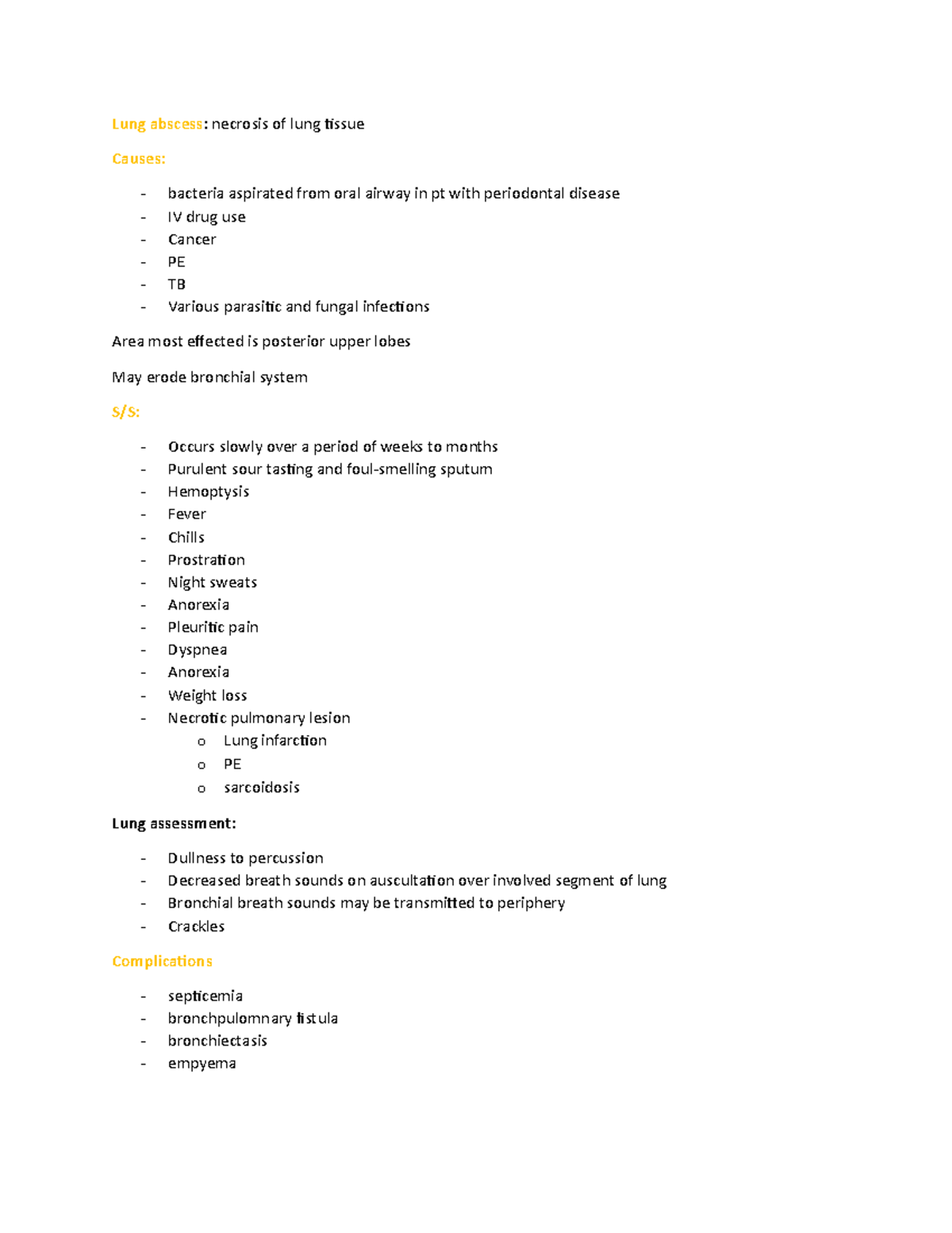 Lung Abscess - notes - Lung abscess: necrosis of lung tissue Causes ...
