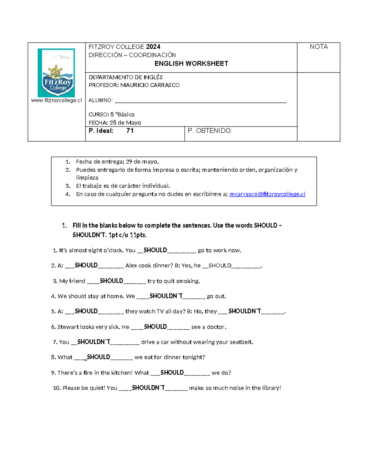 English classwork 8° - tarea ingles - fitzroycollege FITZROY COLLEGE ...