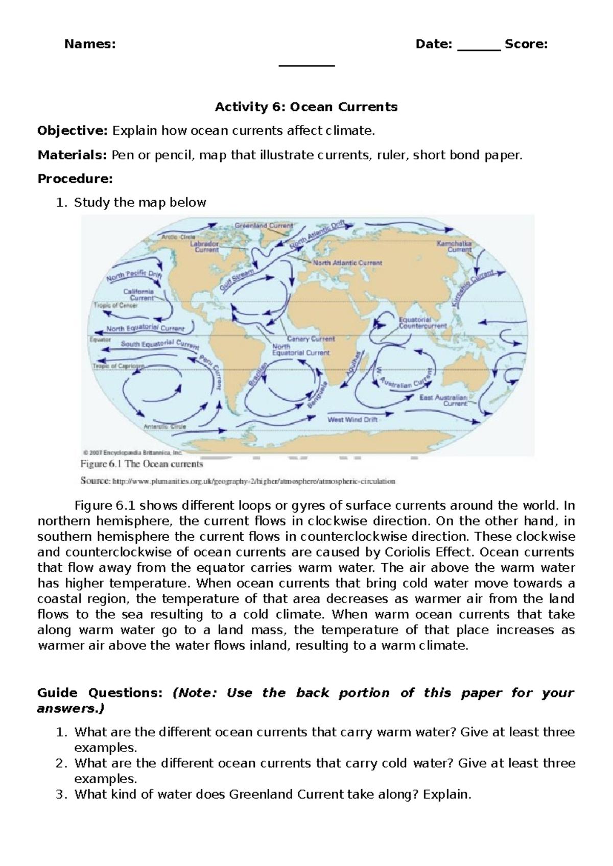Activity Ocean Currents Names Date _______ Score _________ Activity 6 Ocean Currents
