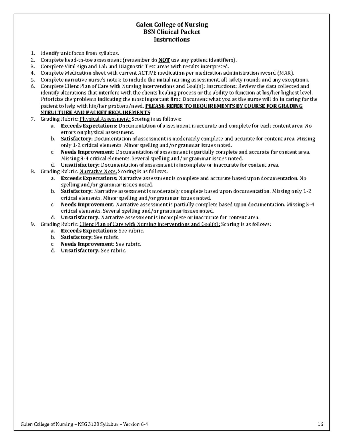 Galen Assessment - zzzz - Galen College of Nursing BSN Clinical Packet ...