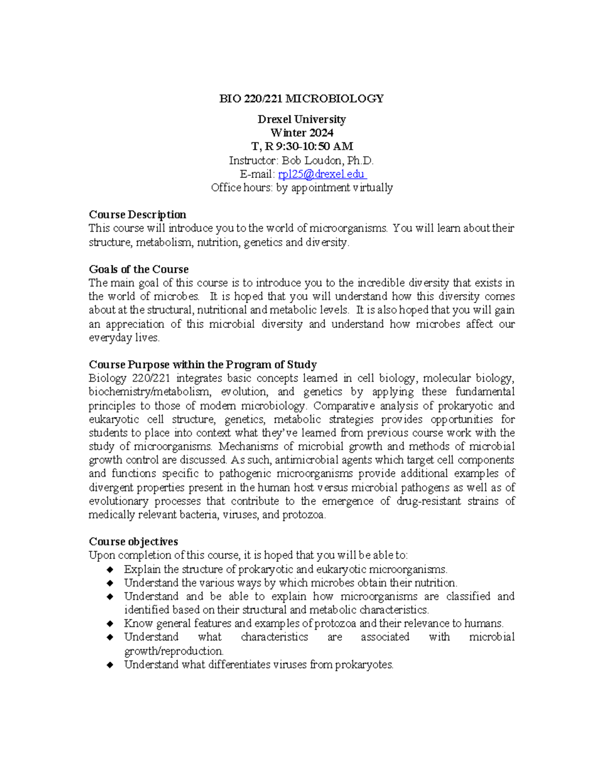 221 Syllabus For Winter 24 - BIO 220/221 MICROBIOLOGY Drexel University