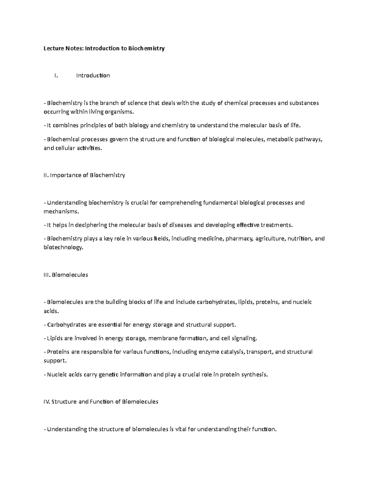 Lecture Notes: Introduction to Biochemistry - Introduction Biochemistry ...