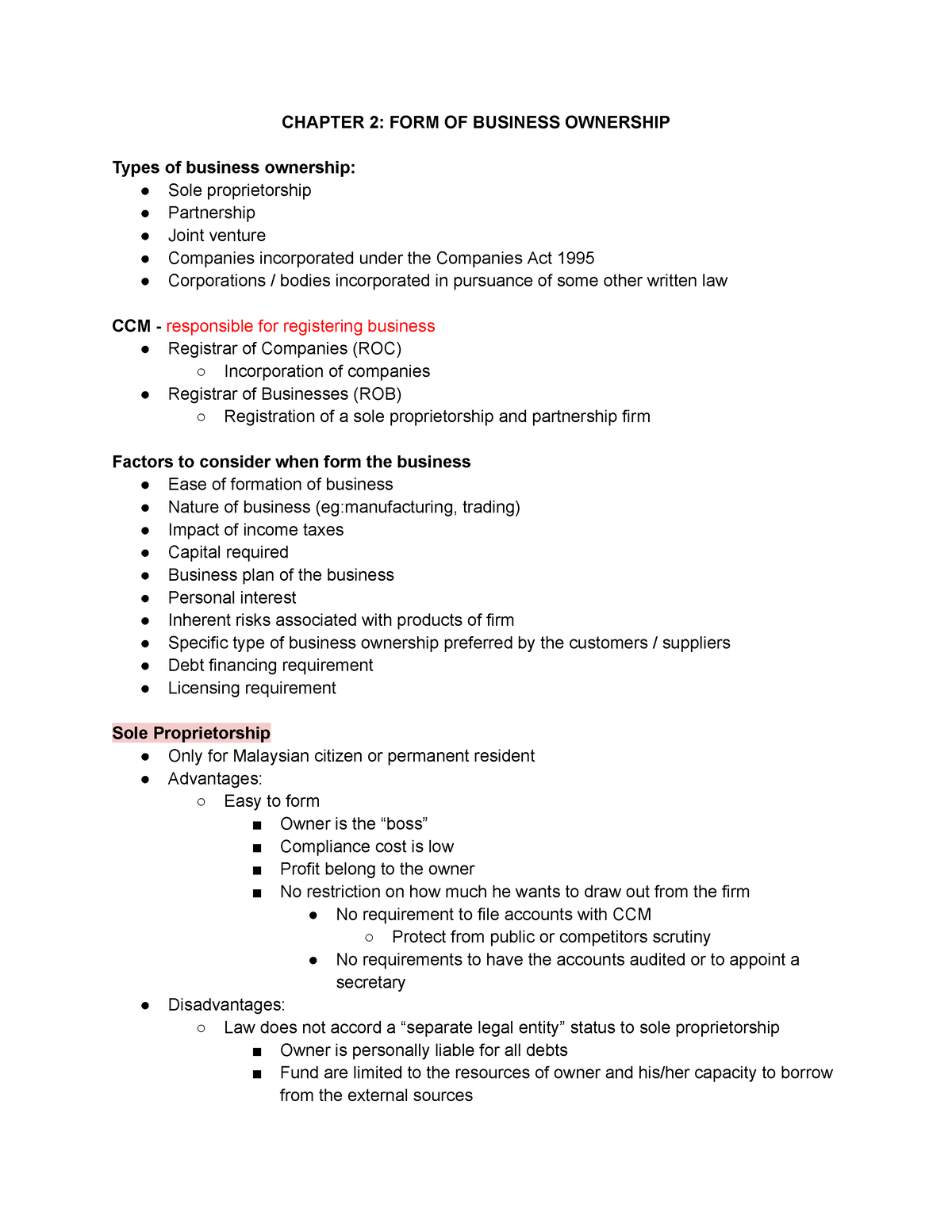 CRG660 Notes - Part 7 - CHAPTER 2: FORM OF BUSINESS OWNERSHIP Types Of ...