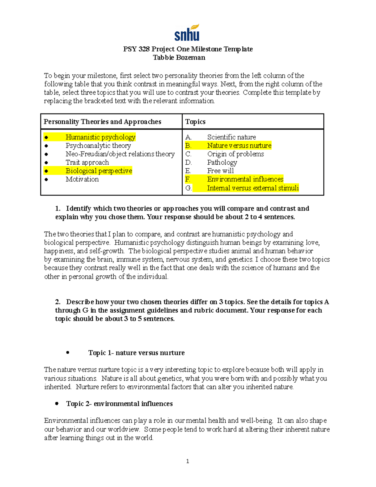 PSY 328 Project One Milestone Template - PSY 328 Project One Milestone ...