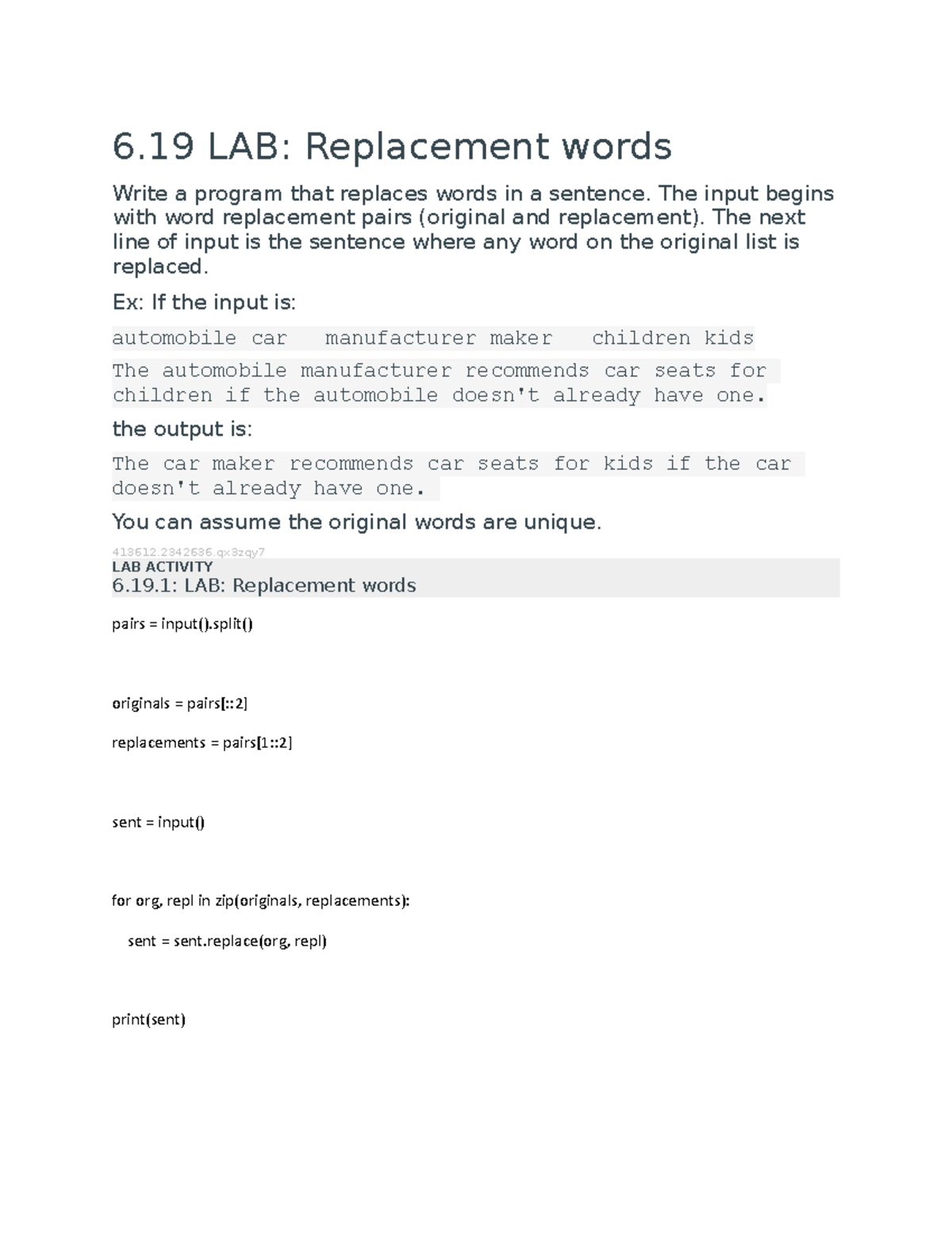 6 19 LAB Replacement Words 6 LAB Replacement Words Write A Program 