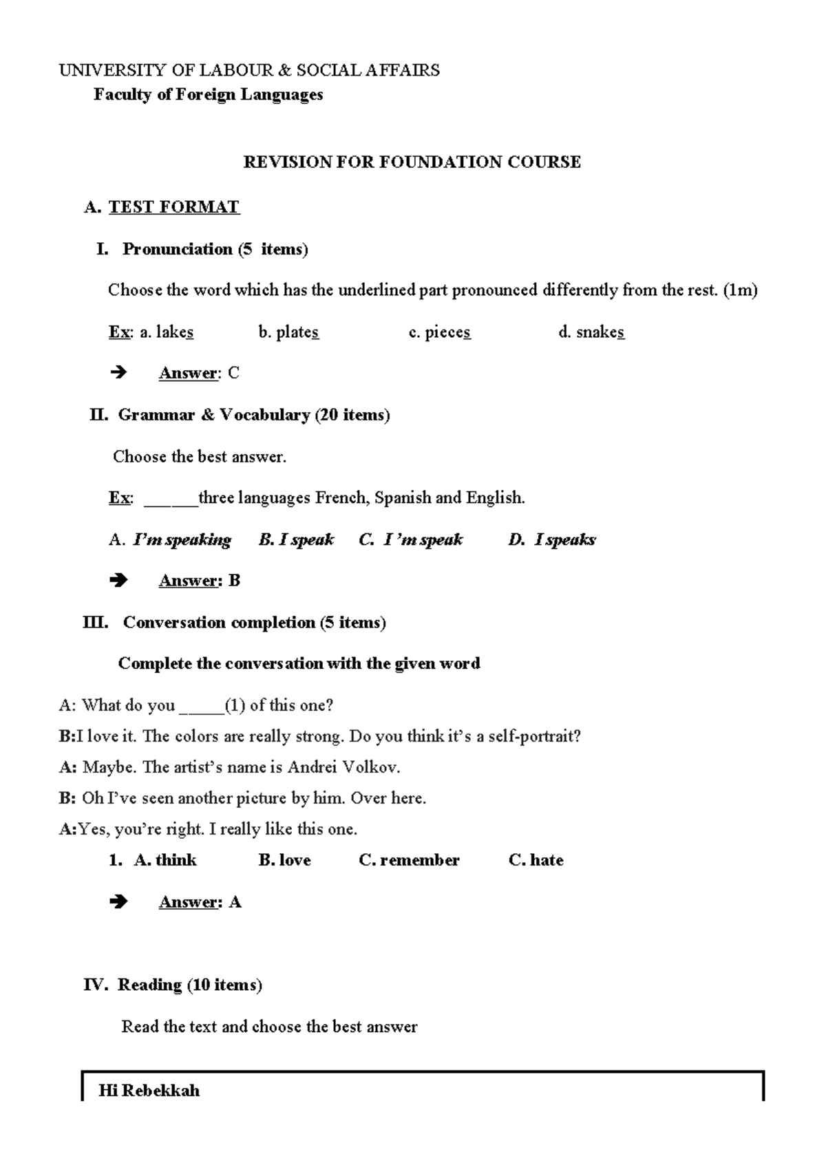 Format Reading TEST -AVDV 2023 - UNIVERSITY OF LABOUR & SOCIAL AFFAIRS ...