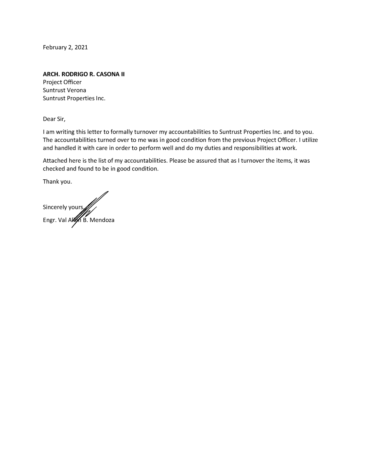 Turnover Letter - Val Allen Mendoza - February 2, 2021 ARCH. RODRIGO R ...