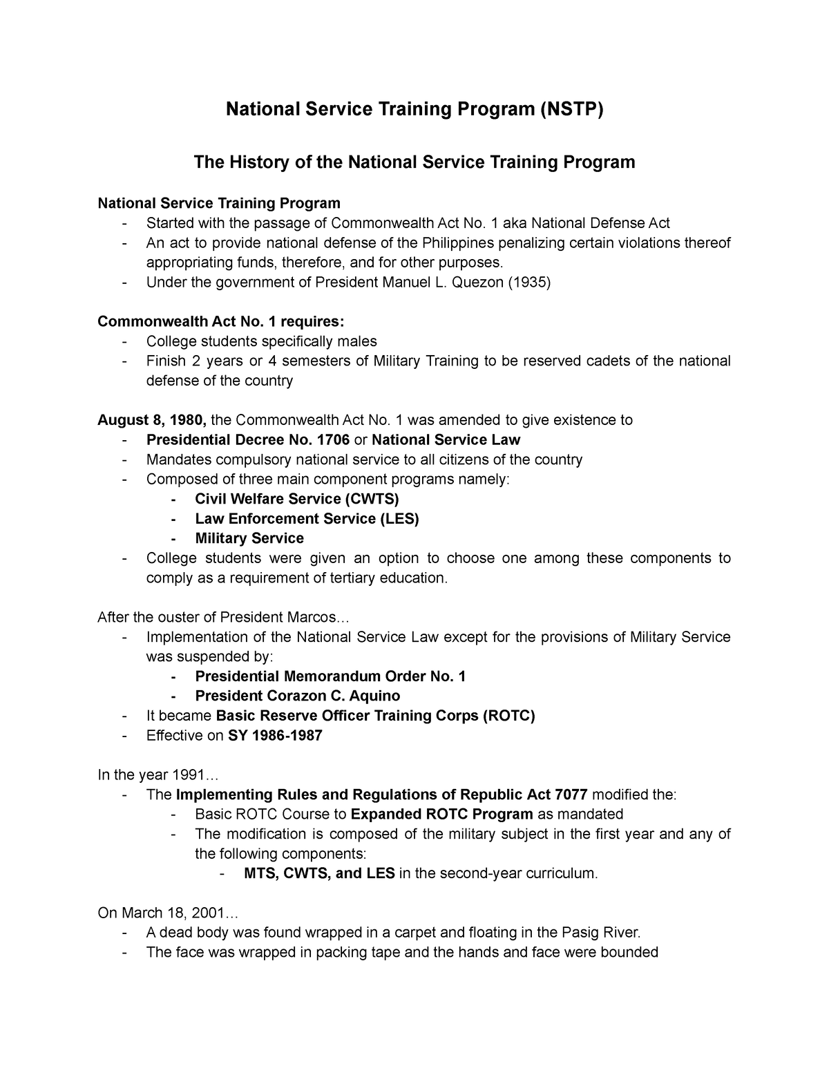 CWTS- History OF NSTP - Notes About CWTS - National Service Training ...