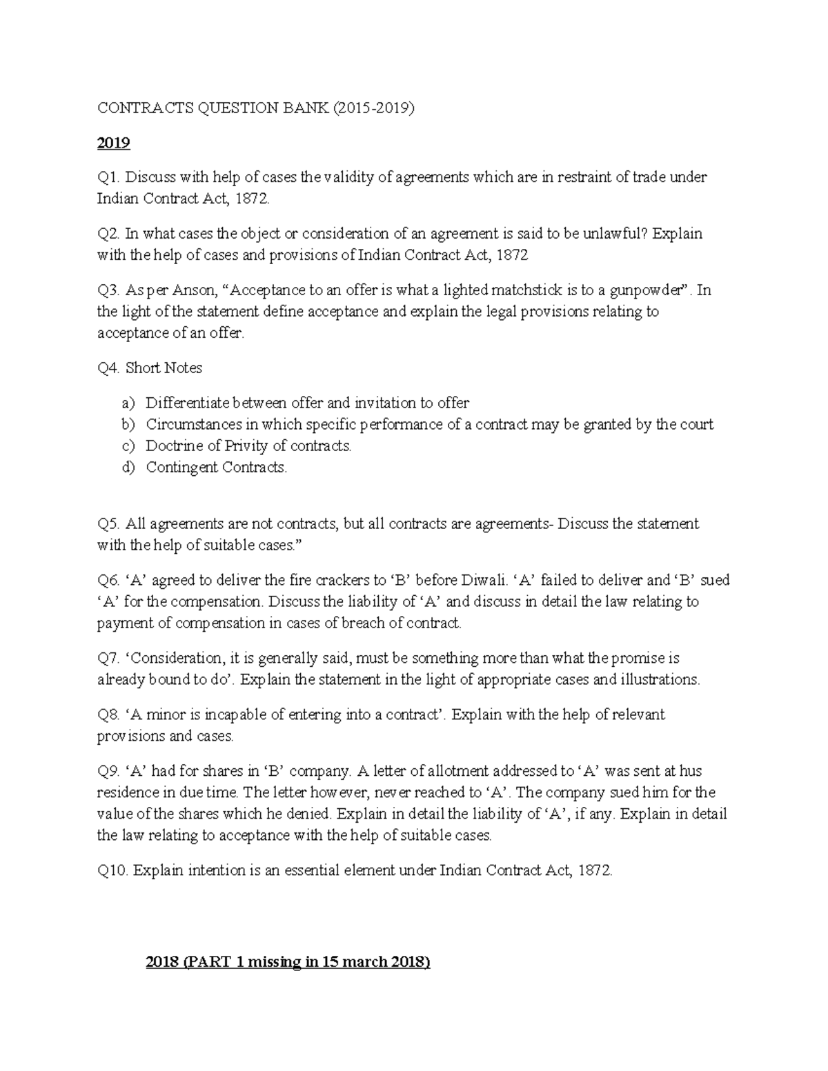 Contracts Question BANK FOR Semester 1 - CONTRACTS QUESTION BANK (2015 ...