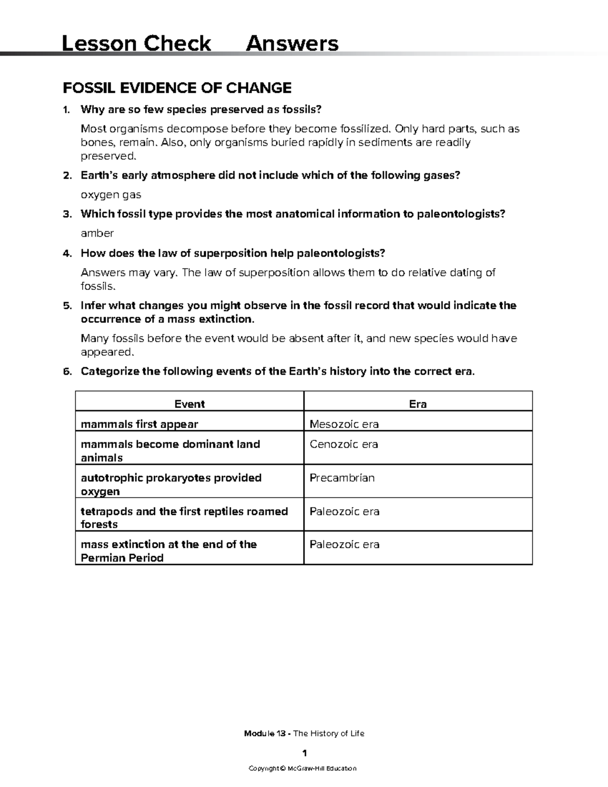 Lesson+Check+Answer+Key Fossil+Evidence+of+Change Copyright © McGraw