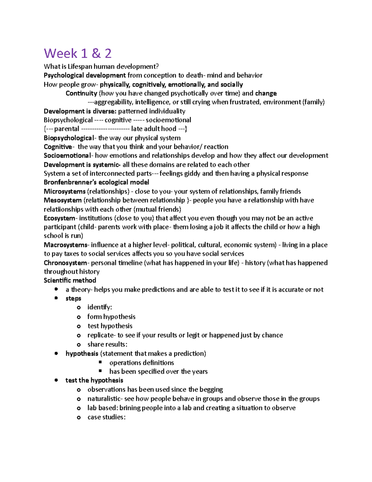 Psyc 160 notes - Week 1 & 2 What is Lifespan human development ...