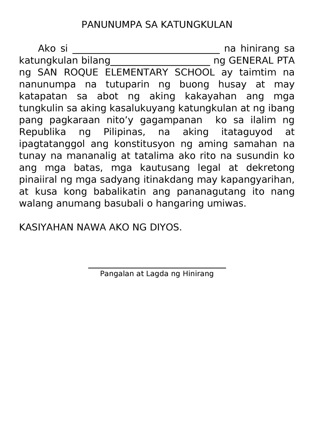 Panunumpa-SA- Katungkulan - PANUNUMPA SA KATUNGKULAN Ako Si