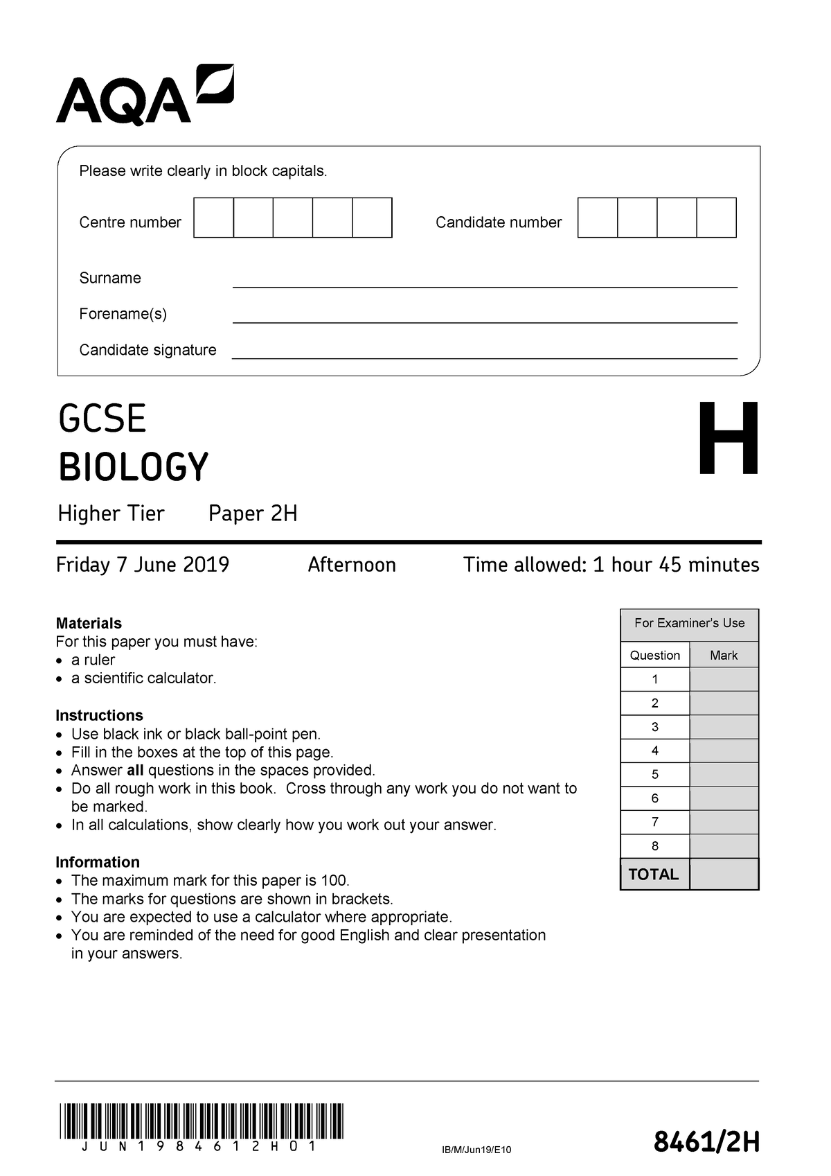 AQA Biology 2019 Paper 2 Higher Tier Answer Paper - JUN1984612h01 IB/M ...