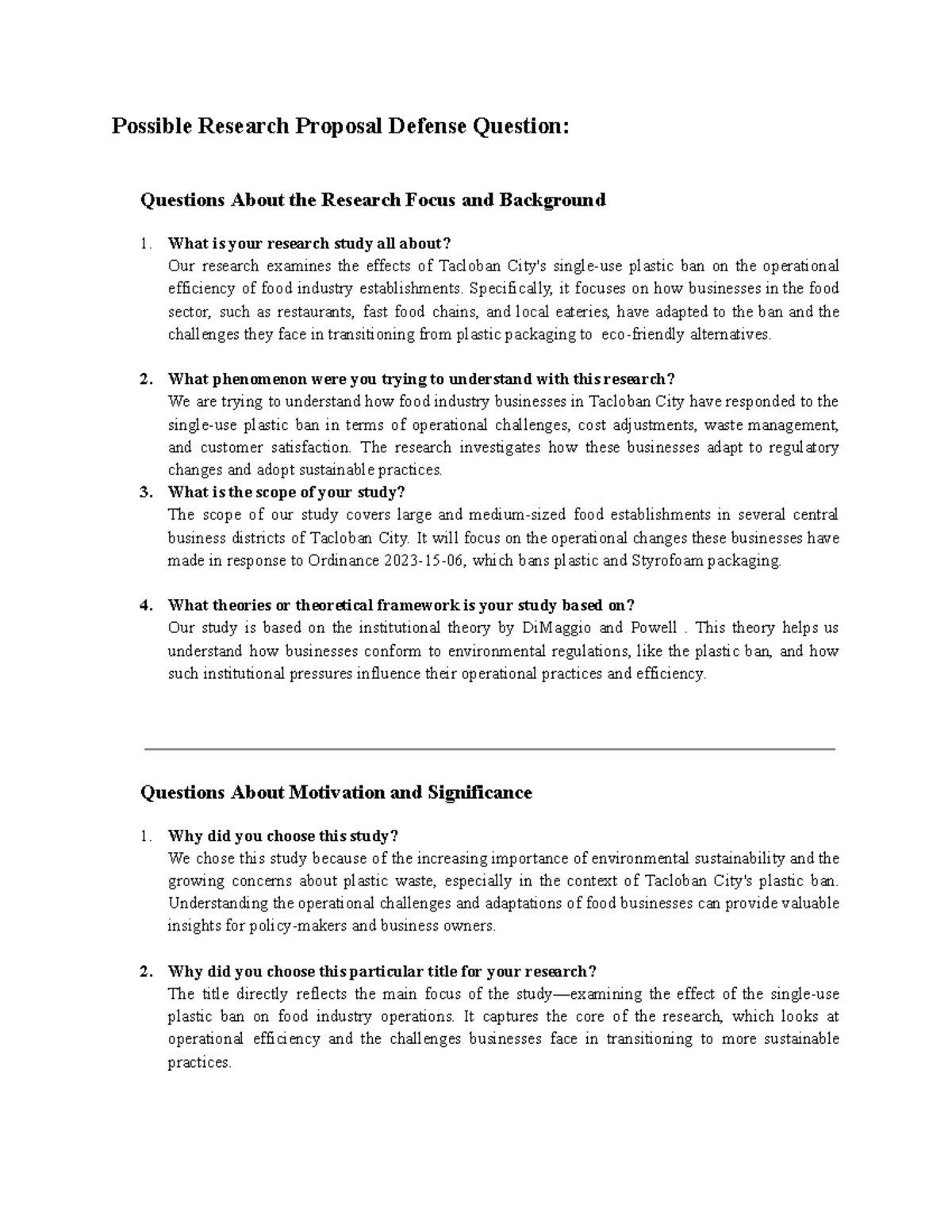 Possible Questions for Research Proposal Defense - Possible Research ...