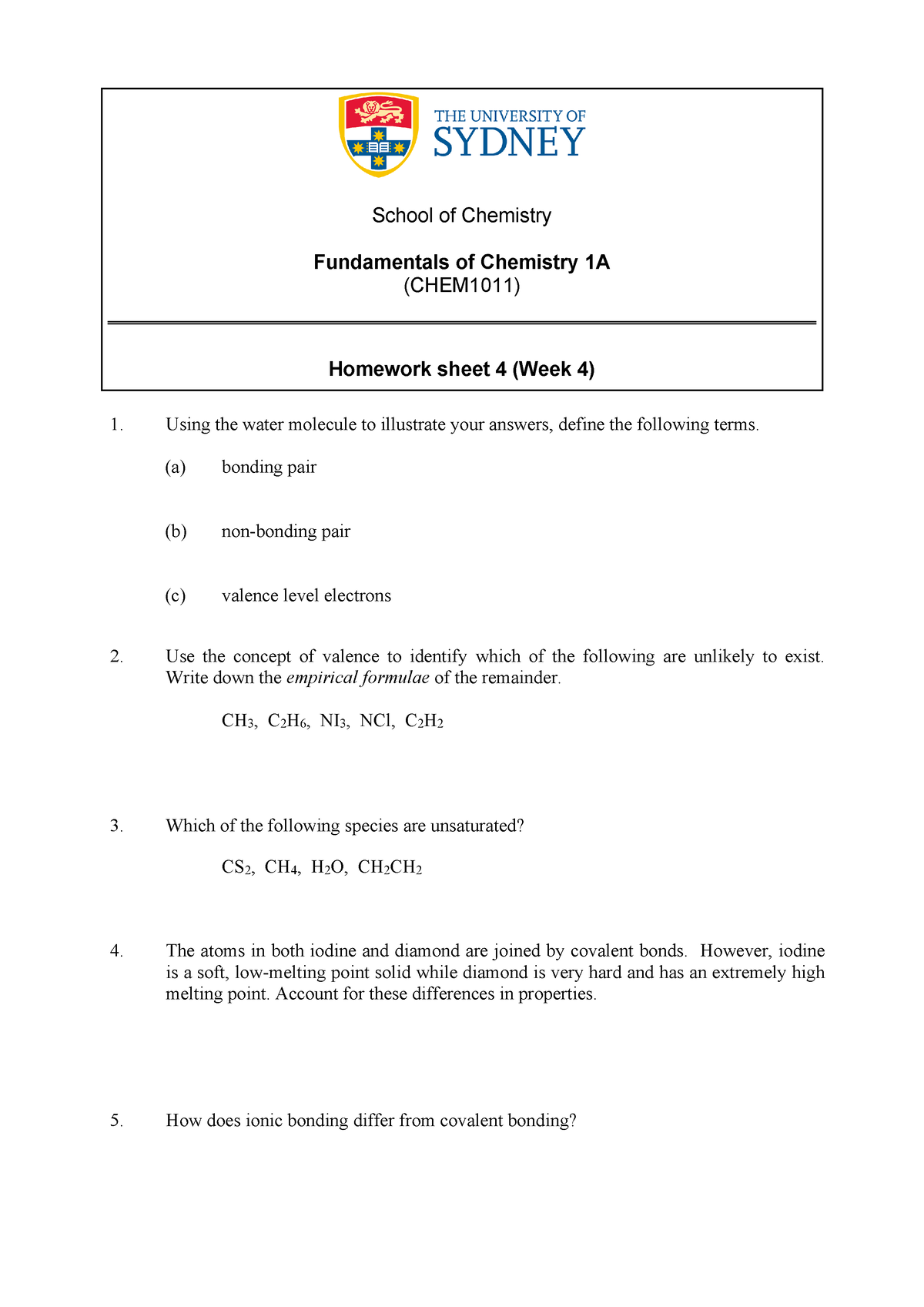 foundations of chemistry homework