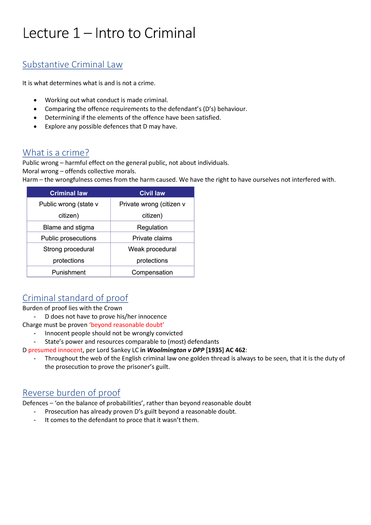 Introduction To Criminal Law Lecture 1 Notes - Lecture 1 – Intro To ...