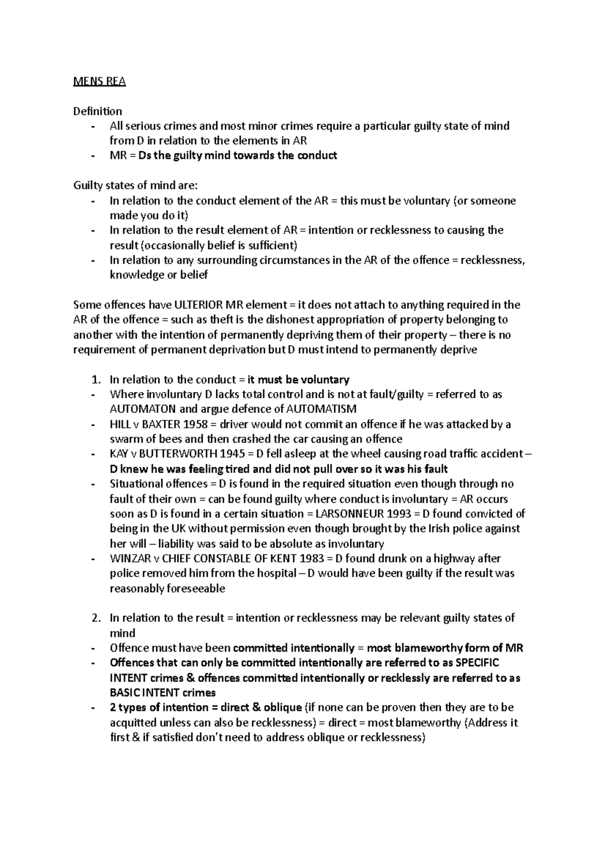 MENS REA revision notes MENS REA Definition All serious crimes