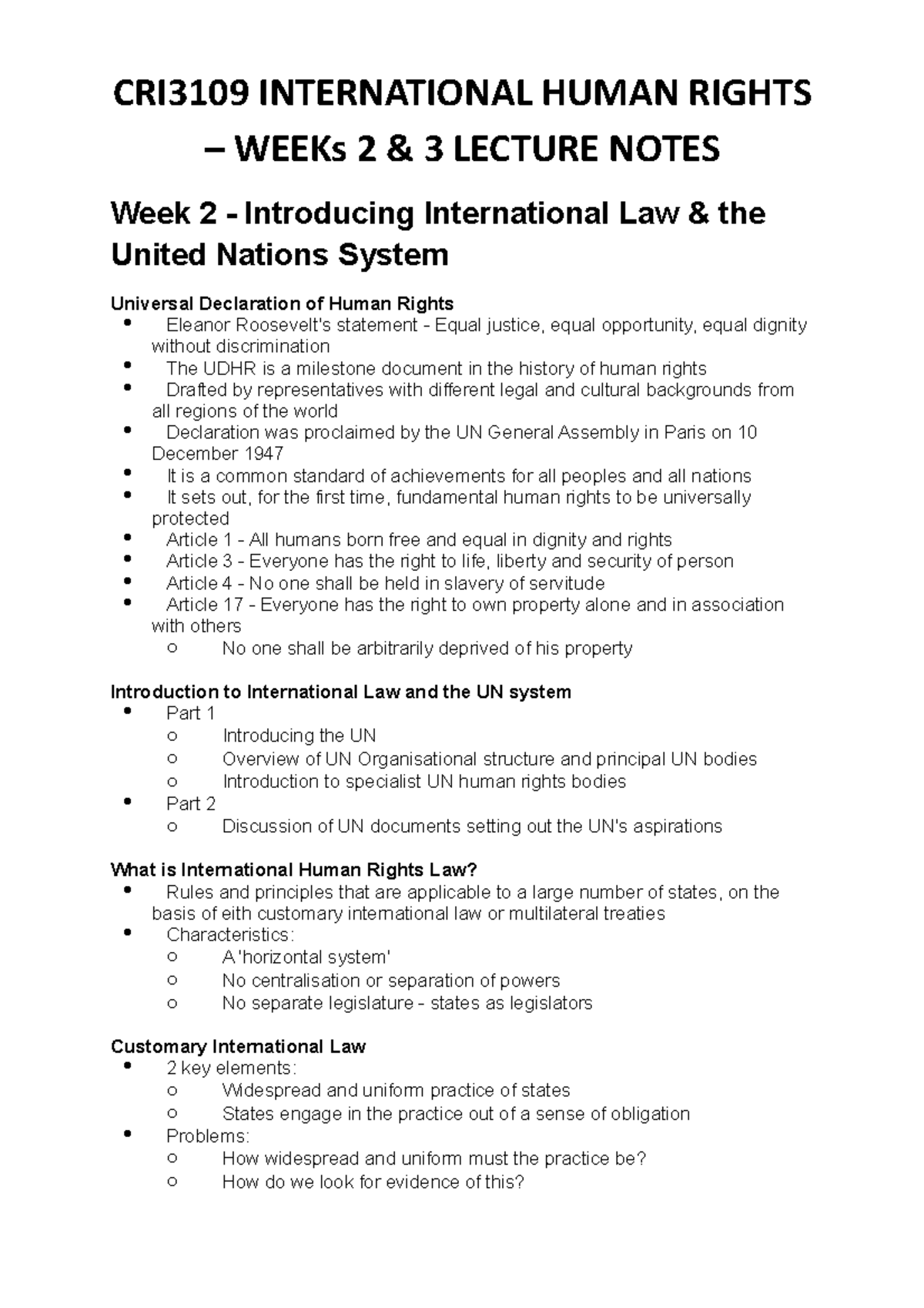 CRI3109 International Human Rights – WEEK 2 & 3 Lecture Notes - CRI3109 ...