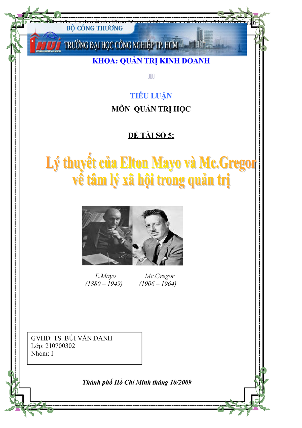 123doc  lythuyettamlyxahoitrongquantrihoc  Tiểu luận Lý thuyết  của Elton Mayo và Mc về  Studocu