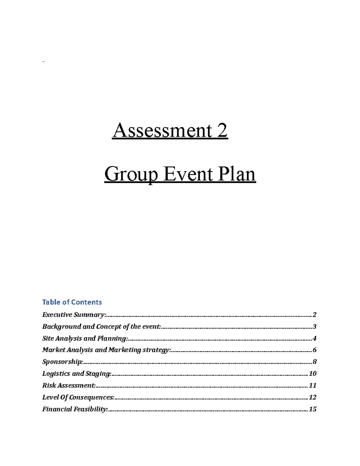 Assessment 2 - Group Event Plan ...