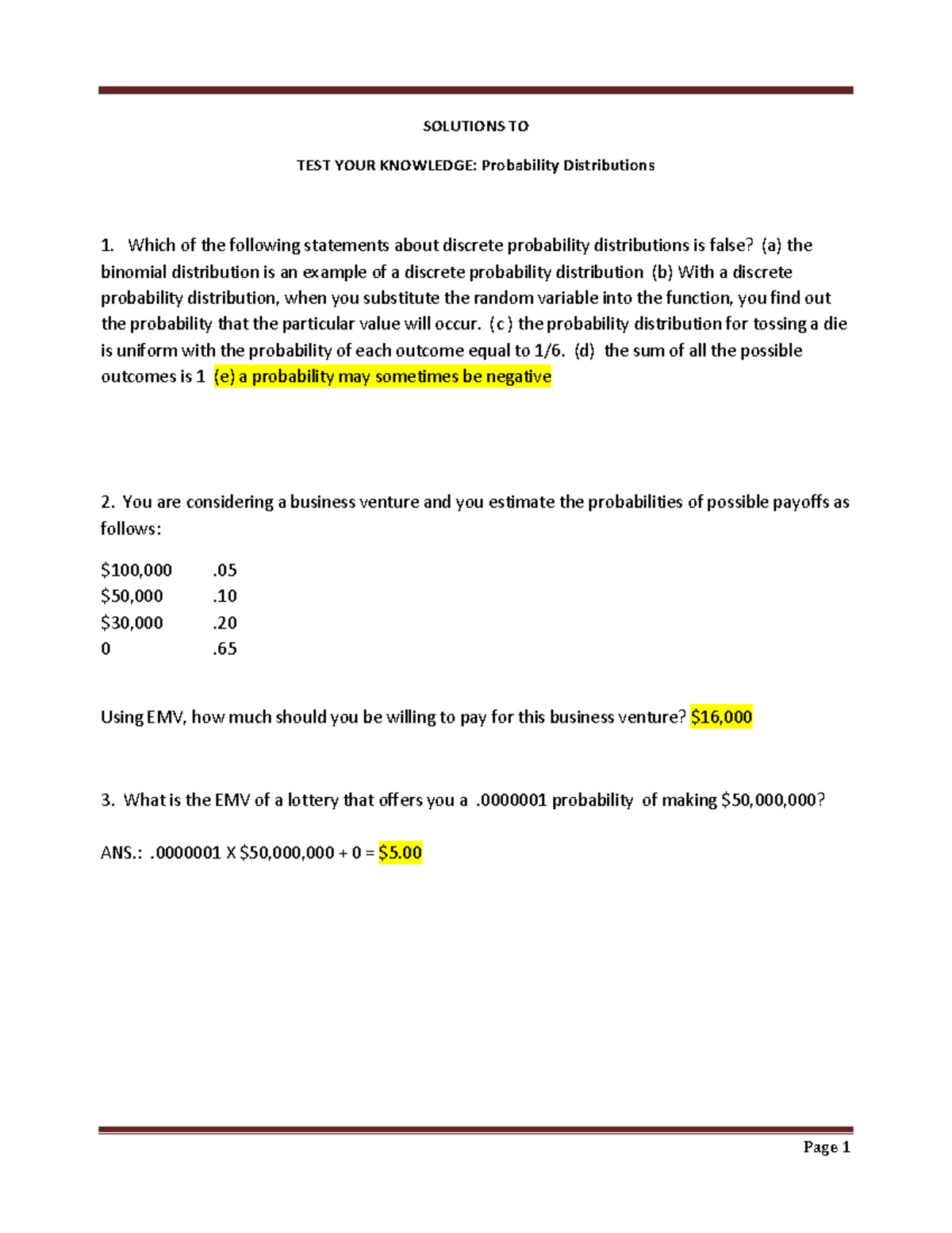 Probability Distributions Done Now - SOLUTIONS TO TEST YOUR KNOWLEDGE ...