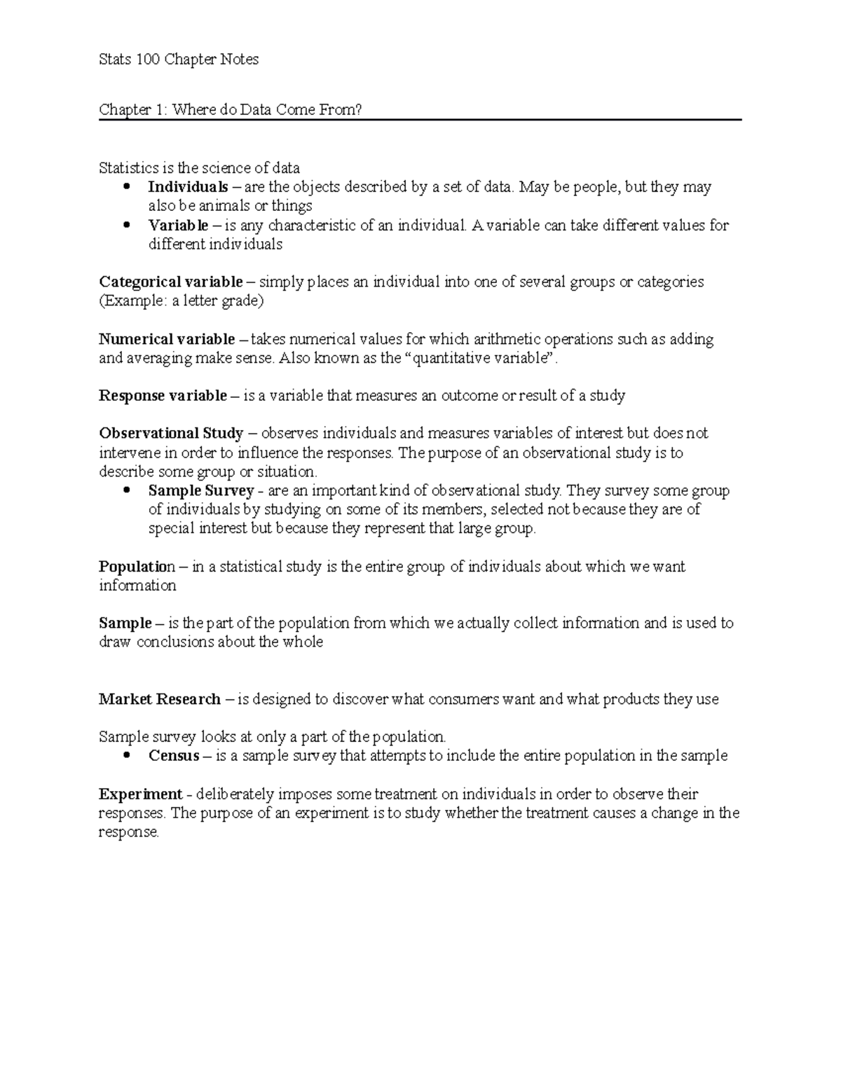 Stats 100 Chapter Notes - Chapter 1: Where do Data Come From ...