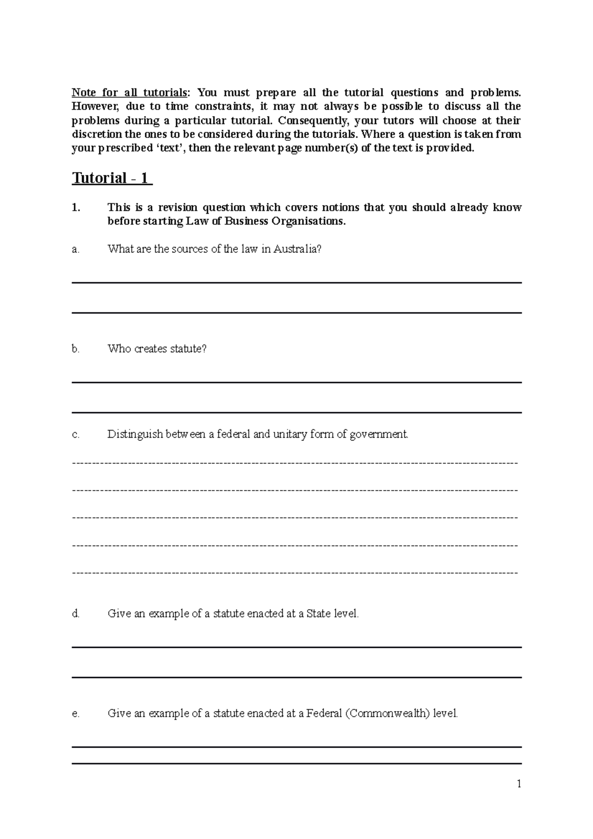 Tutorial 1 - work - Note for all tutorials: You must prepare all the ...