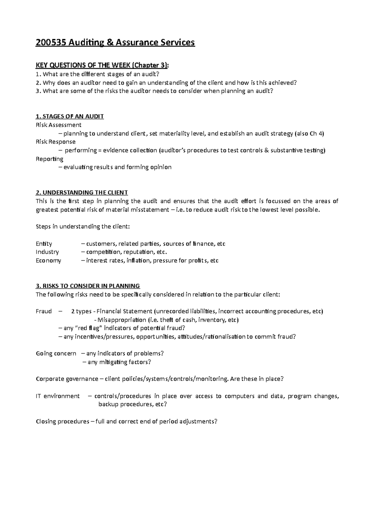 Chapter 3 Key Questions for the Week 200535 Auditing & Assurance Services KEY QUESTIONS OF