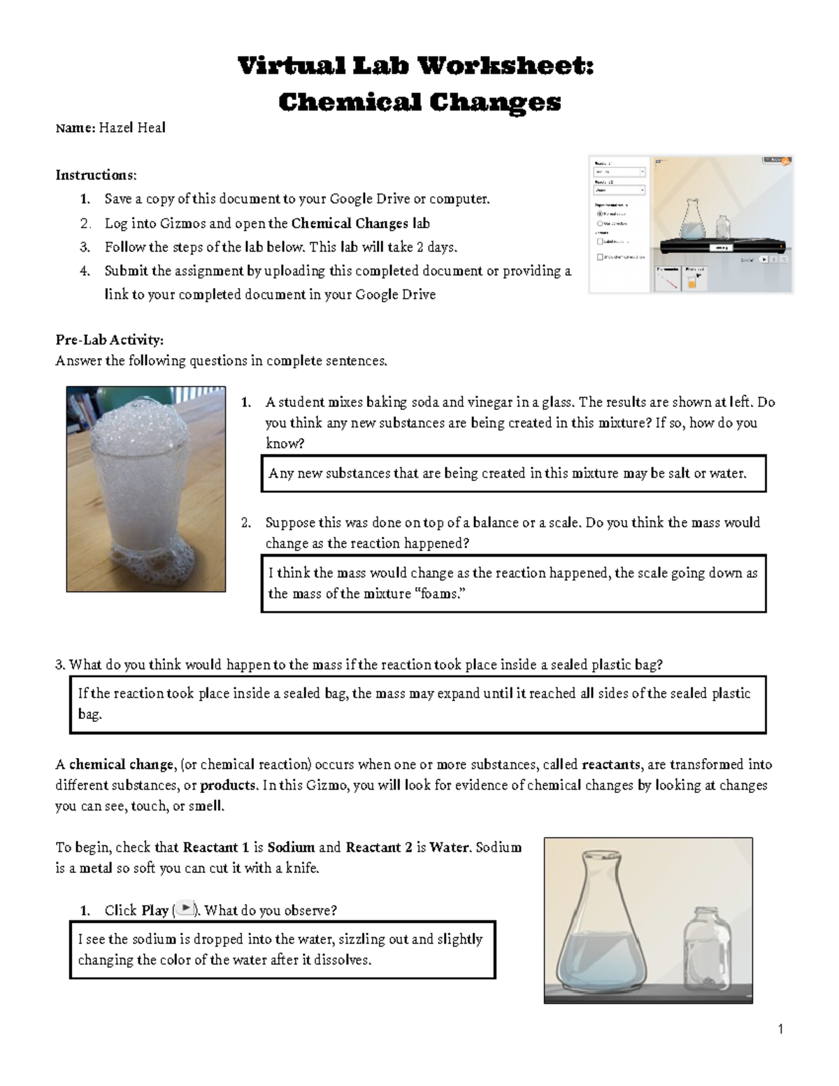 Hazel Heal - L16.A Virtual Lab Worksheet Chemical Changes - Virtual Lab ...