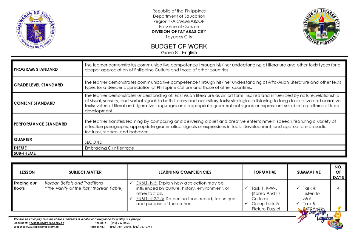 G8 English Budget of Work 2nd Quarter - Department of Education Region ...