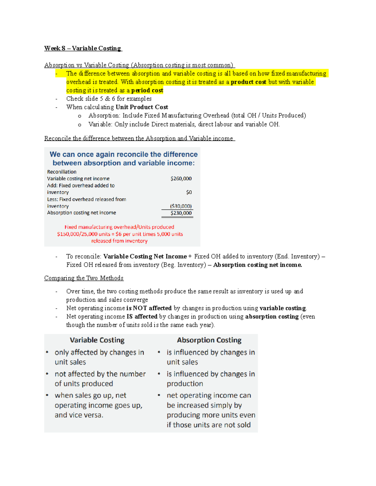 Chapter 9 and chapter 10 lecture notes - Week 8 – Variable Costing ...