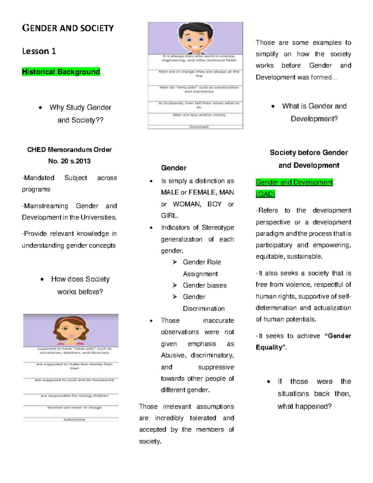 Gender AND Society Reviewer - GENDER AND SOCIETY Lesson 1 Historical ...