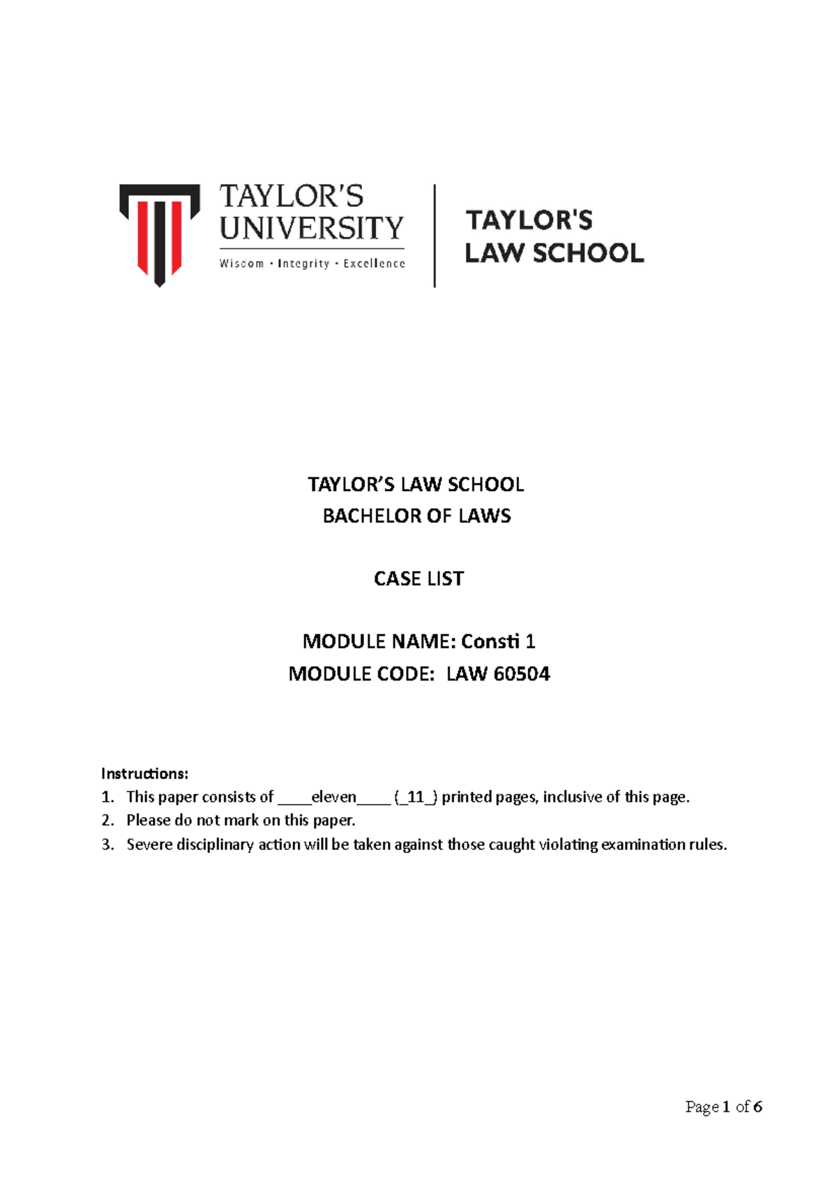 Case List constitution law - TAYLOR’S LAW SCHOOL BACHELOR OF LAWS CASE ...