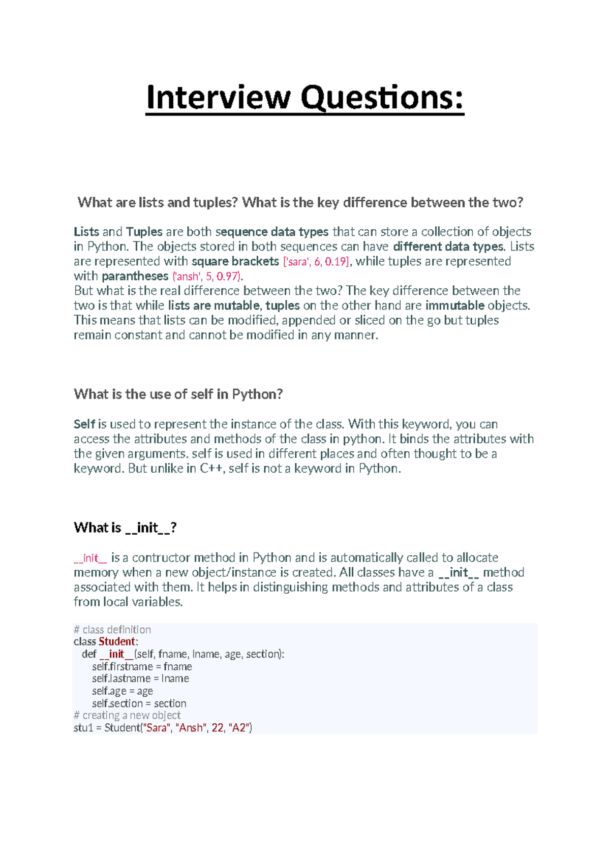 Python questions - Interview Questions: What are lists and tuples? What ...