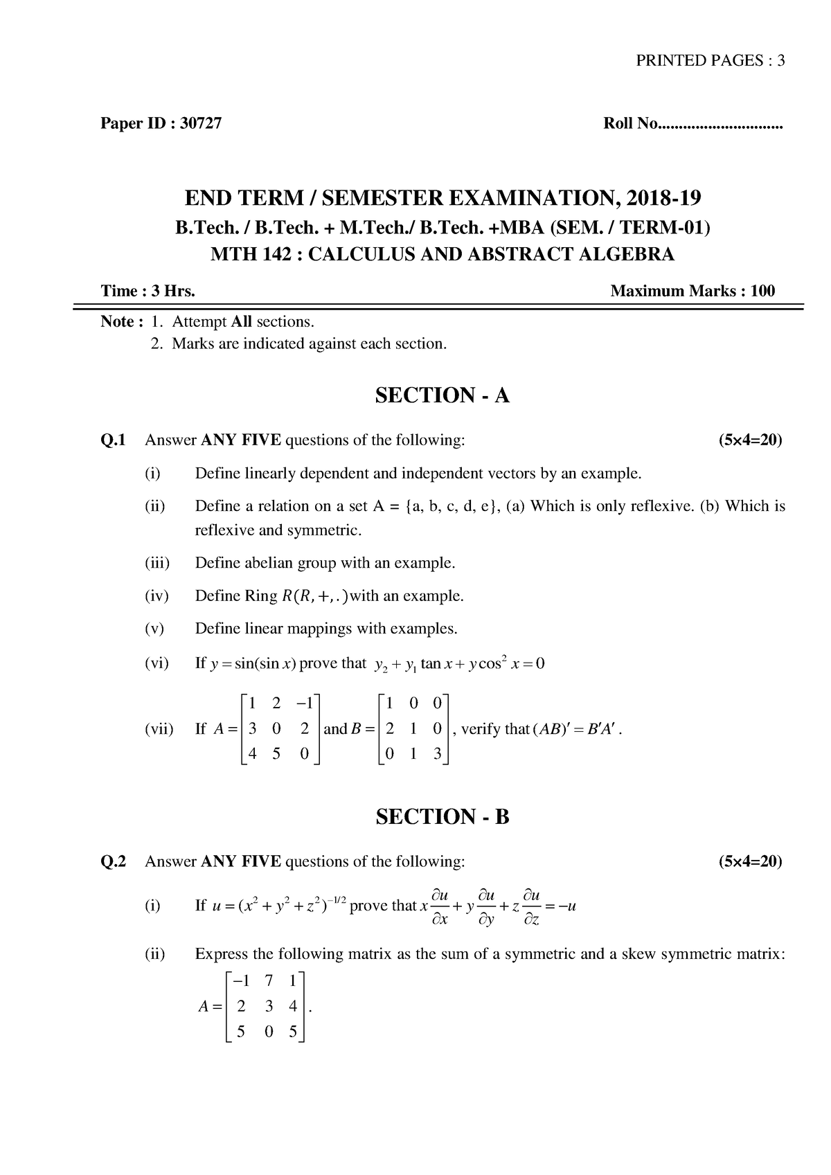 Calculus AND Abstract Algebra (MTH 142 ) B.Tech. - B.Tech. + M.Tech.- B ...