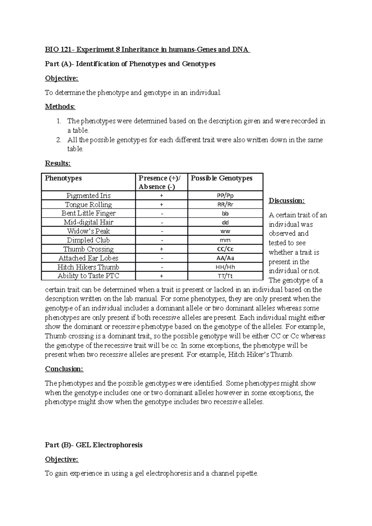 BIO Lab Report 8 - BIO 121- Experiment 8 Inheritance in humans-Genes ...