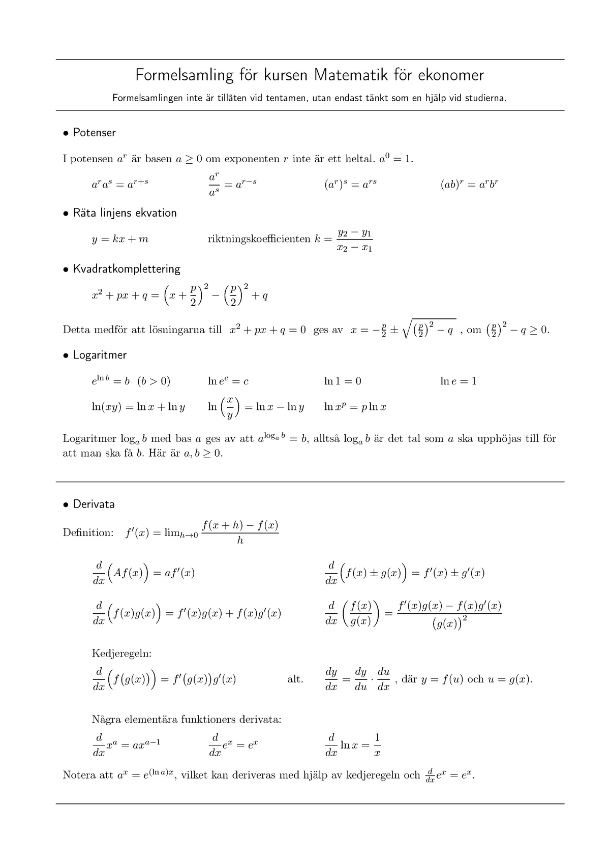 Formelblad - Formelsamling För Kursen Matematik För Ekonomer ...