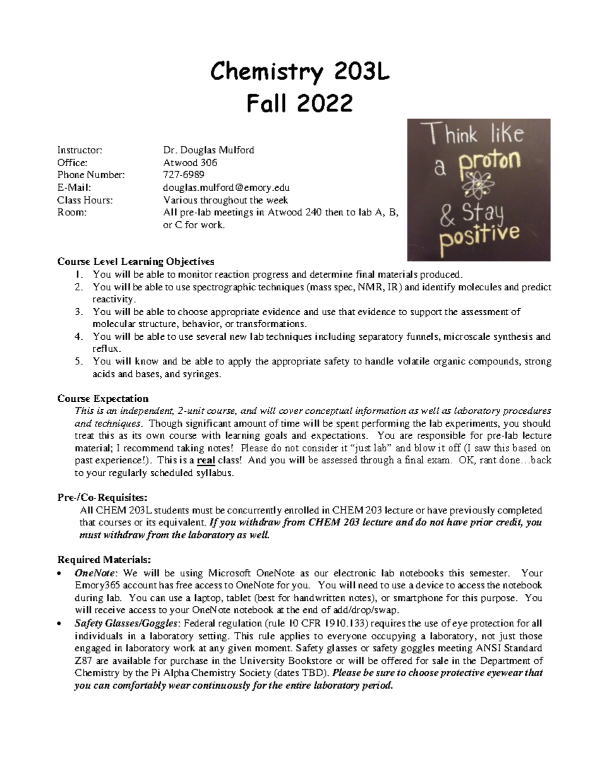 Chem 203L F22 Syllabus - Chemistry 203L Fall 2022 Instructor: Dr ...