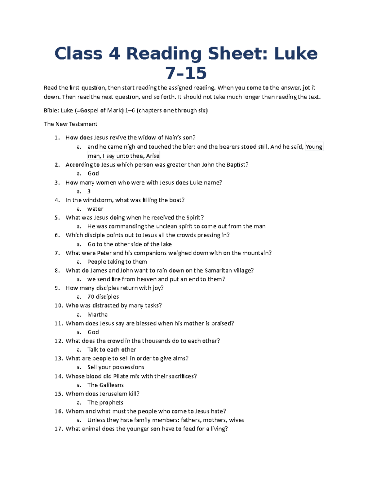 C4 Reading Sheet Luke 7–15 - Class 4 Reading Sheet: Luke 7– Read the ...