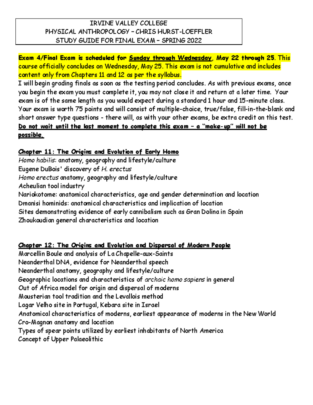 ANTH 1 Study Guide for Final Exam Spring 2022 - IRVINE VALLEY COLLEGE ...