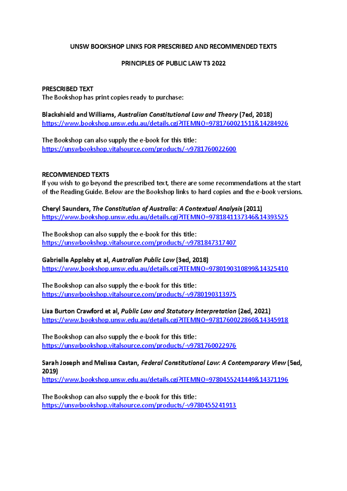 UNSW links for prescribed and texts PPL T3 2022