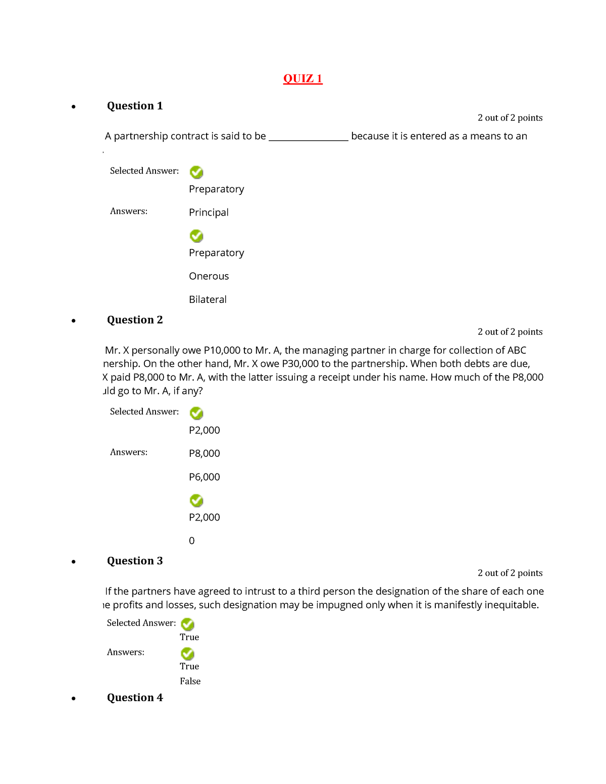 Quizzes-1 - Law On Business - QUIZ 1 • Question 1 2 Out Of 2 Points A ...