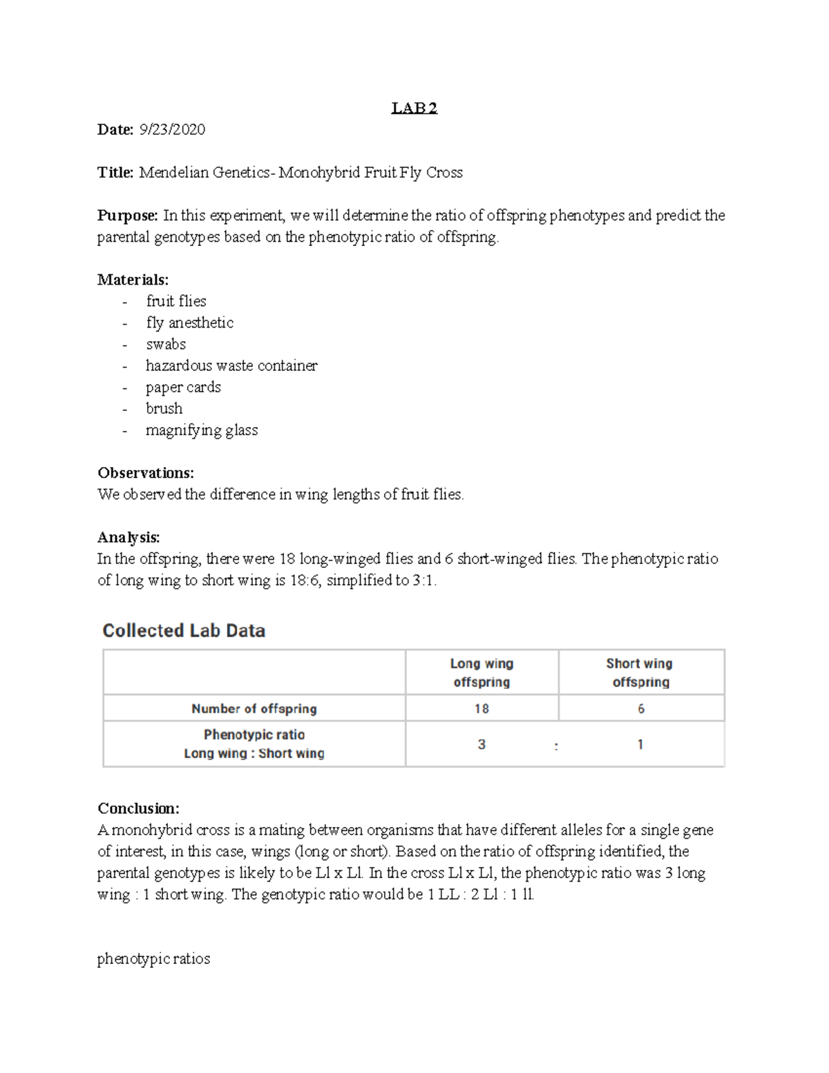 Mendelian Genetics - Monohybrid Fruit Fly Cross - LAB 2 Date: 9/23 ...