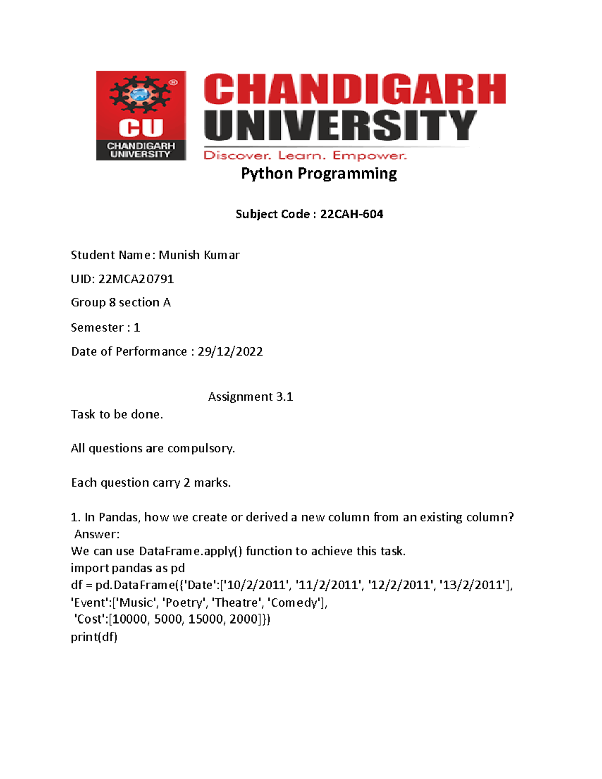 Py assignment 3 - highfg - Python Programming Subject Code : 22CAH ...
