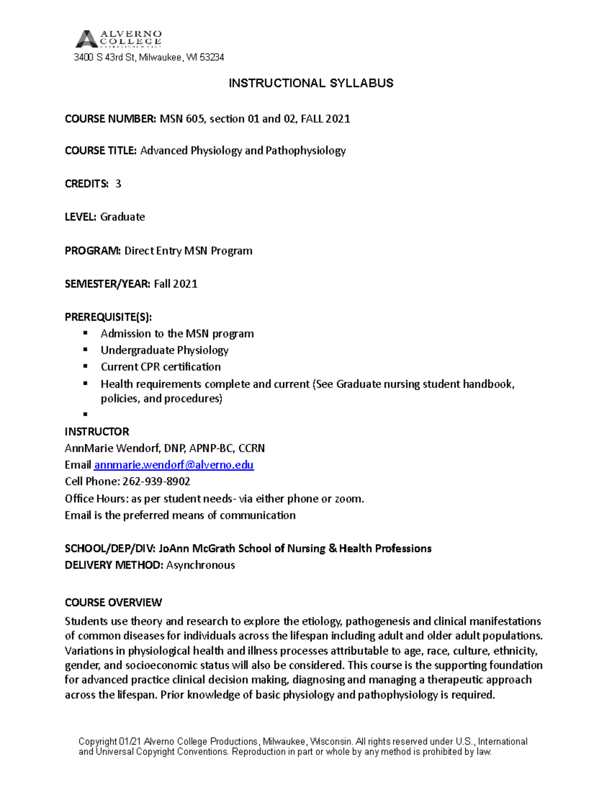 Advanced pathophysiology syllabus - 3400 S 43rd St, Milwaukee, WI 53234 ...