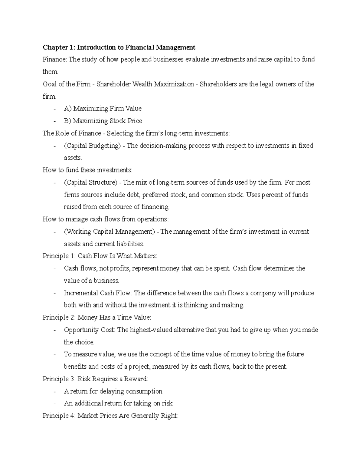 FIN. CH 1 2 Notes - Chapter 1: Introduction to Financial Management ...